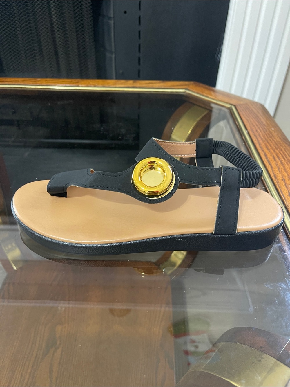 Black Elastic-Back Thong Sandal with Gold Accent